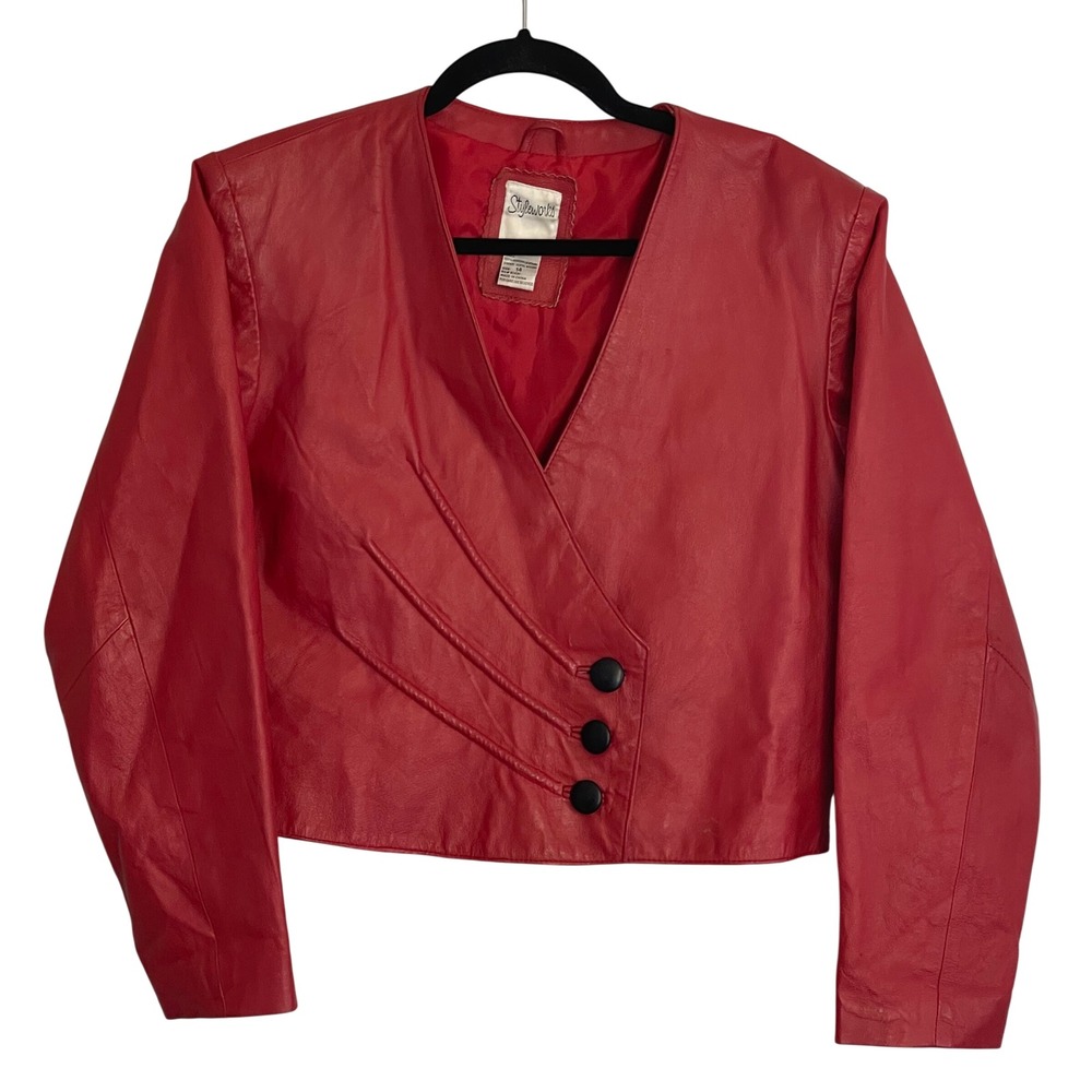 Vintage Styleworks Red Leather‎ Jacket Womens 14 Cropped Asymmetrical 80s 90s